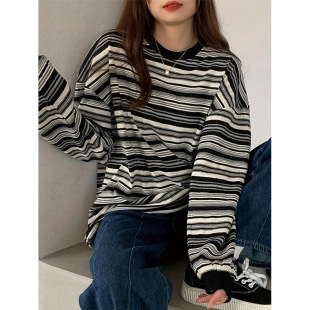 Real shot spring and autumn new age-reducing knitted striped crew neck shoulder loose long sleeve T-shirt casual European station explosions