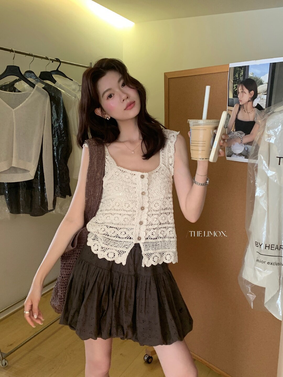 Áo hai dây nữ ren móc họa tiết cổ vuông phong cách Pháp — màu mơ chi tiết 12