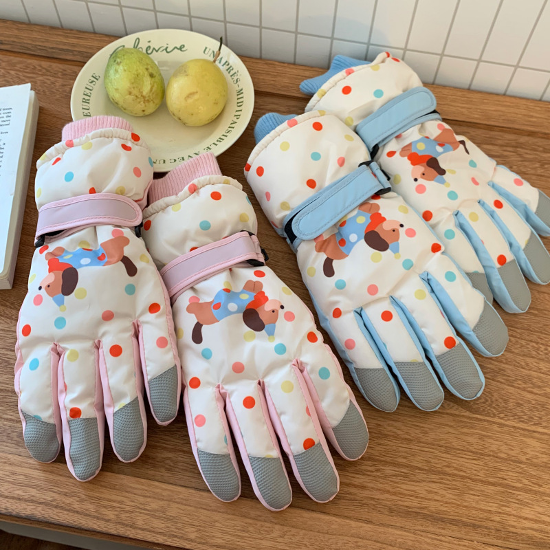 New Cartoon Puppy Ski Gloves for Women in Winter Plus Velvet Windproof Outdoor Cycling Touch Screen Finger Warm Gloves