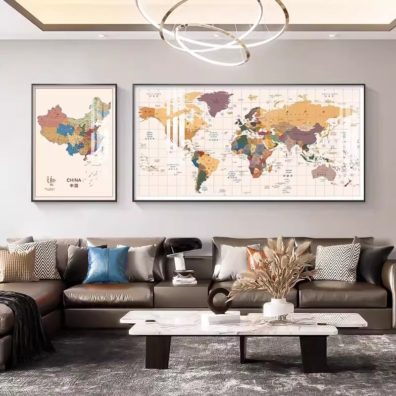 Chinese-English Bilingual World Map Decorative Painting Living Room Sofa Background Wall Hanging Painting Study Room Office Art Wall Mural