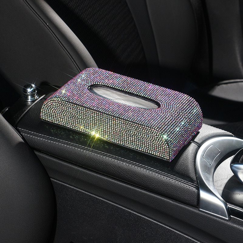 Caja de pañuelos creativa de coche transfronterizo caja de servilleta de asiento llena de diamantes coche de moda caja de pañuelos de asiento incrustado en diamante coche femenino