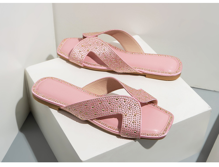 Fashion Ironing Diamond Flat Bottom Slippers Female Slides Square Head Hollow Sandals_voghion.com