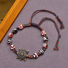 纯手工编织绳手链玛瑙四眼天珠铜擦擦三七银虎牙天珠配饰复古手链