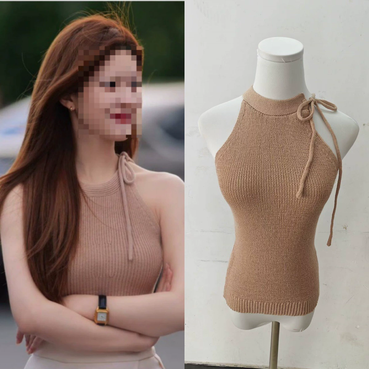 Долгосрочный склад 2025 лето ослепительный стиль Zhao Lusi и Xu Yan модный топ-майка с воротником-стойкой для девушек