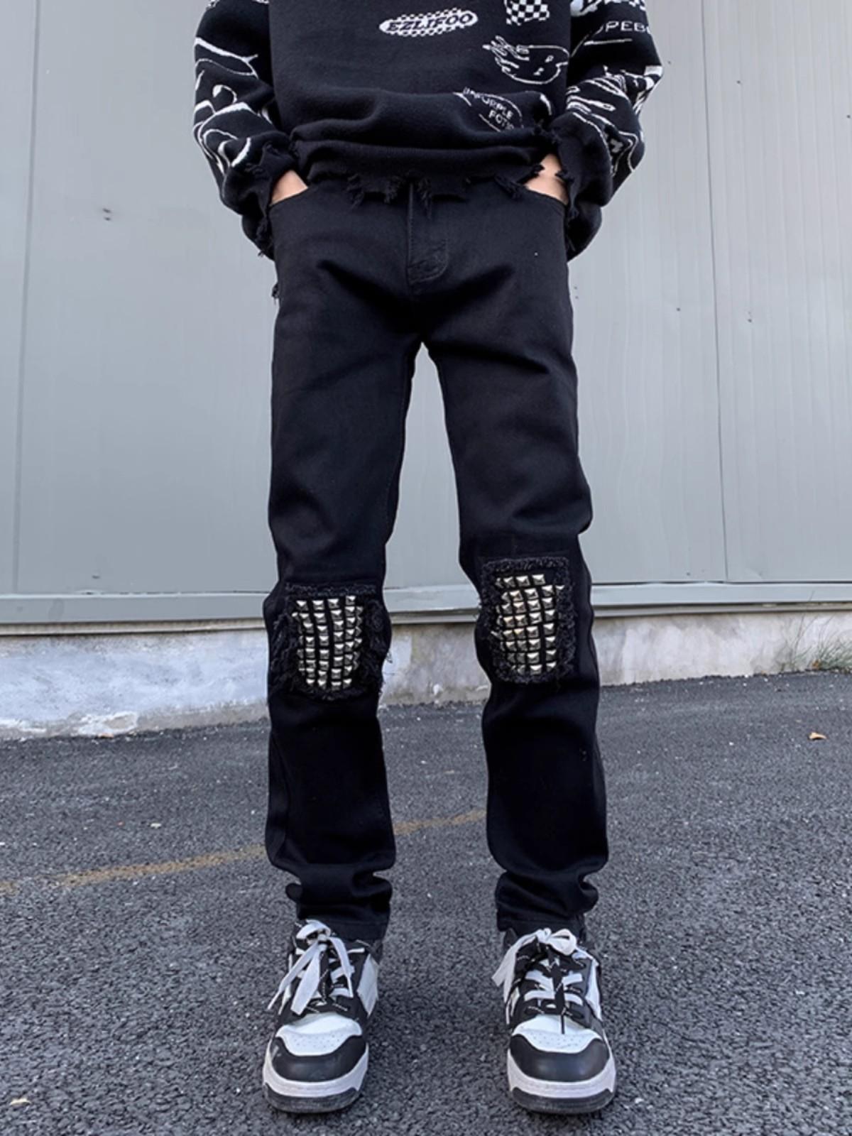 2025 Spring And Autumn Versatile Fashion Black Distressed Design Jeans Washed Wear-resistant Youth Long Pants Men's Cool_mkmklike.com