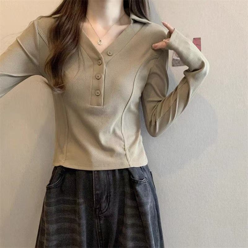 v领长袖t恤女装秋季2025新款设计感小个子短款修身长袖内搭打底衫|undefined