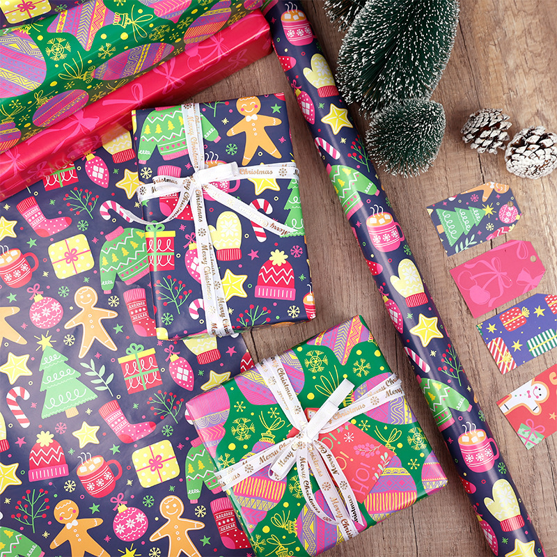 Transfronterizo para gran tamaño de papel de embalaje de regalos de Navidad fluorescente dibujos animados lindos papel de embalaje de regalos de arco