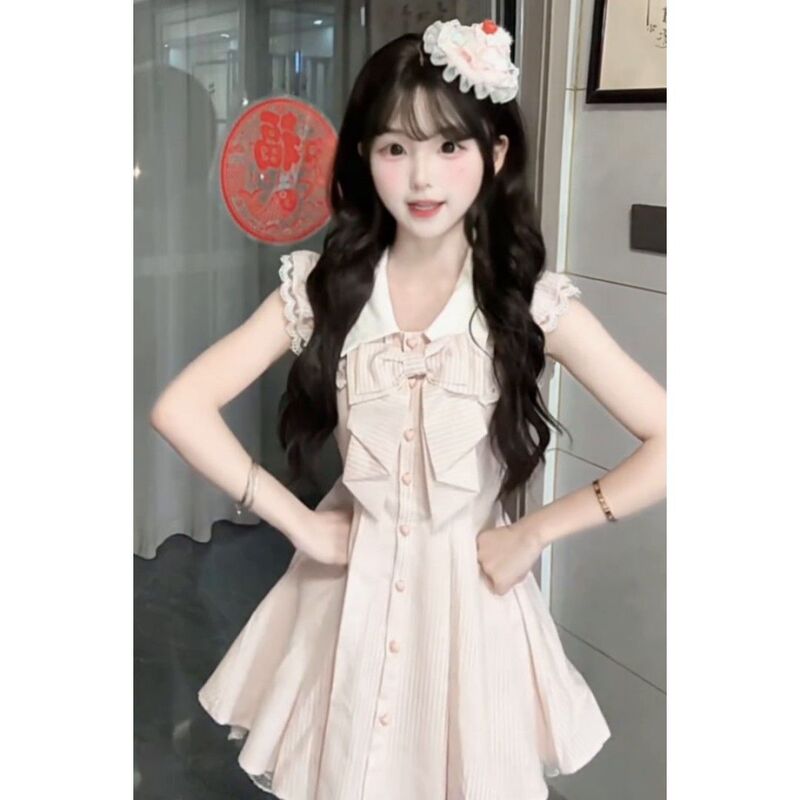 French-style sweet bow dress for women, stunning summer birthday princess dress, waist-cinching pleated puffy skirt set French-style sweet bow dress for women, stunning summer birthday princess dress, waist-cinching pleated puffy skirt set