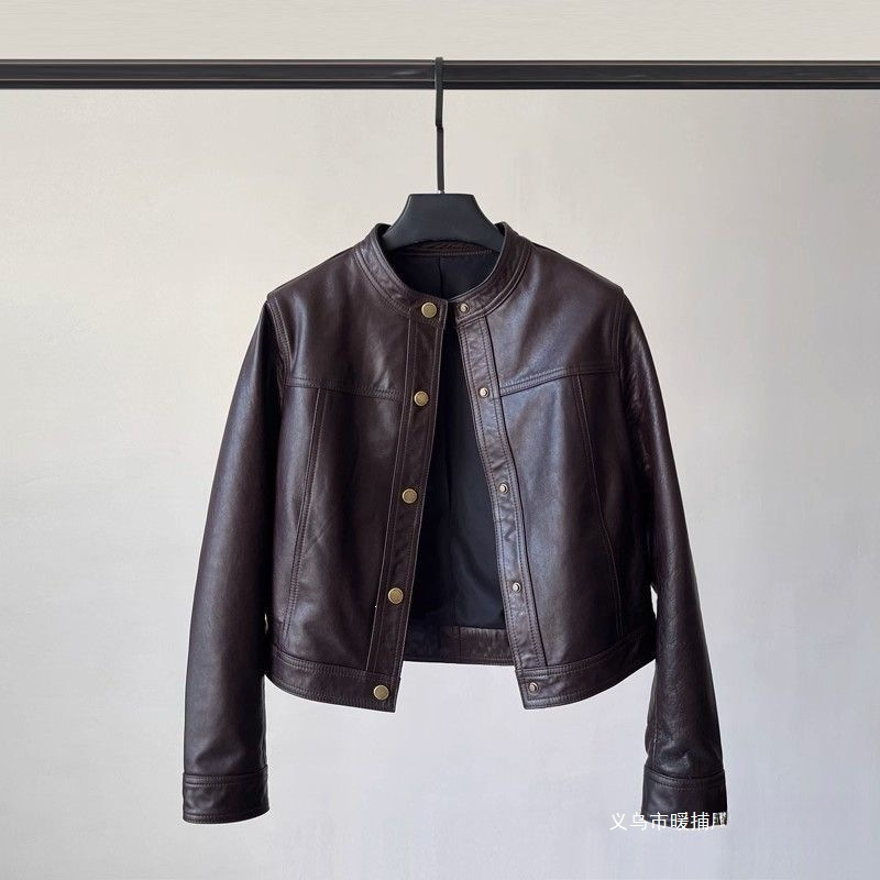 Haining leather jacket, short style, 2025 autumn new model, loose, casual, fashionable, round-neck leather jacket, biker jacket for petite individuals
