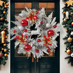 縦鴻クロスボーダークリスマス花輪クリスマス鹿植毛花輪クリスマスボール松果装飾壁掛け卸売り