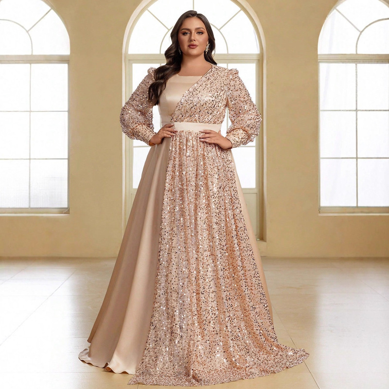 Cross-Border Independent Station New Large Size Formal Evening Dress Elegant Sequin Splicing Satin Annual Party Dress Overseas Supply