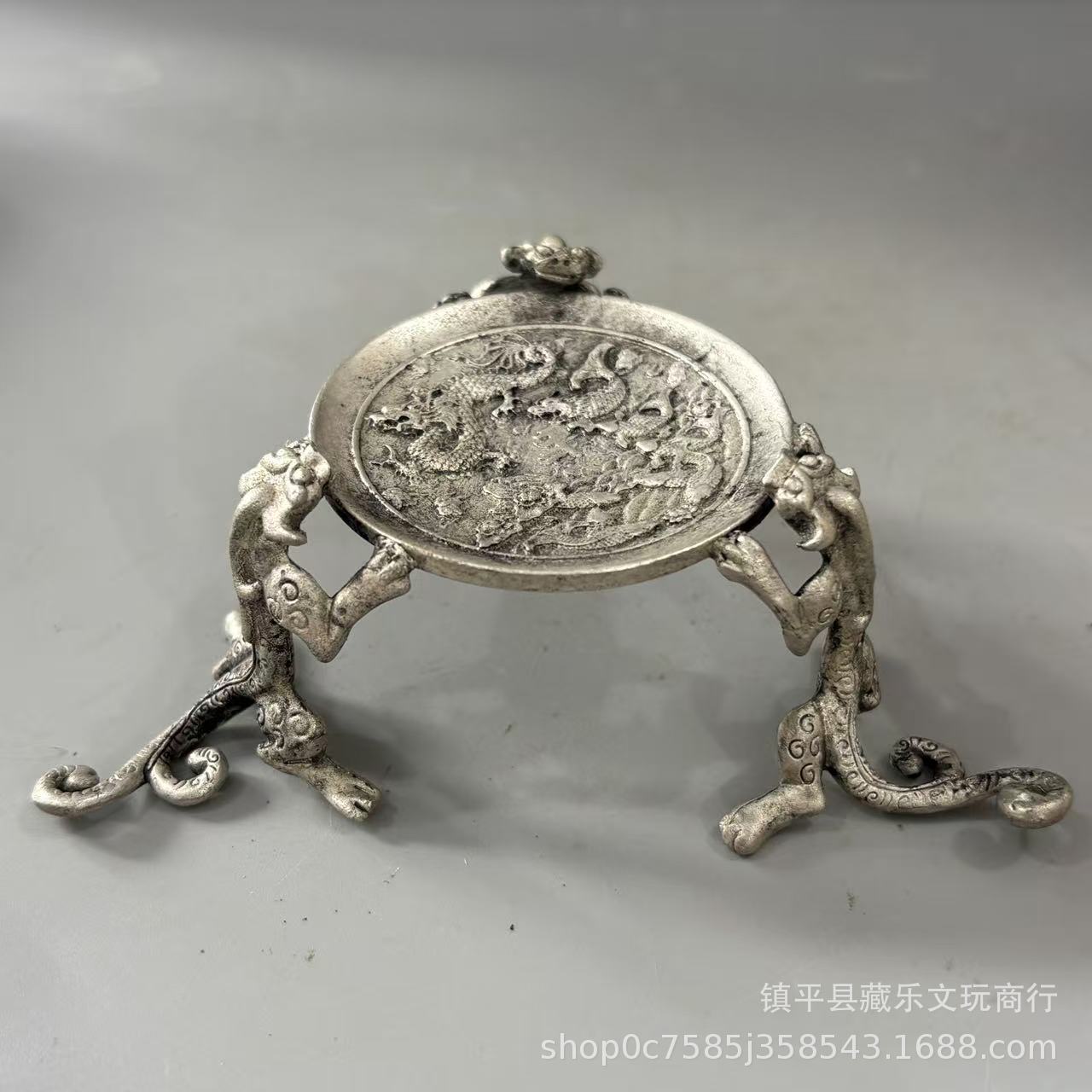 古玩收藏螭龙油灯仿古镀银貔貅烛台置物架家居办公佛堂装饰工艺品