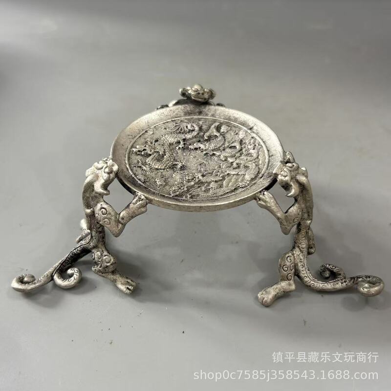 Antique Collection Chilong Oil Lamp Antique Silver-Plated Pixiu Candle Holder Storage Rack Home Office Buddhist Hall Decorative Crafts
