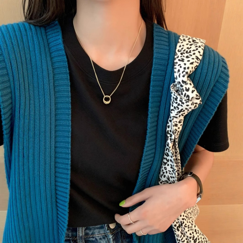 女性用右肩白綿半袖Tシャツ黒夏薄手ゆったり無地ベーシックシンプルスリムトップ|undefined