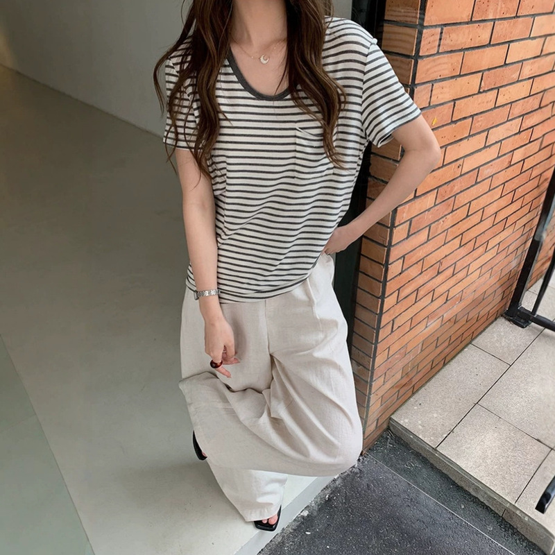 High-Quality Tencel Linen Short-Sleeve Women's Loose Stretchy Base Shirt with Striped Pocket Design T-Shirt Top