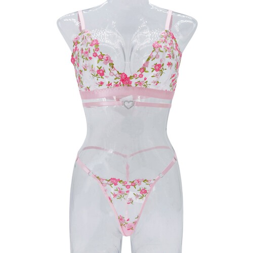 European and American Fashion Rose Embroidery Sheer Sexy Heart Button G-String Set