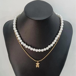 European and American Cross-Border Popular Jewelry Simple Pearl Necklace Fashionable Men and Women Bear Pendant Layered Necklace Wholesale