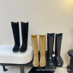 高端2025秋冬小香风真皮圆头复古粗跟高筒一脚蹬骑士靴不过膝长靴