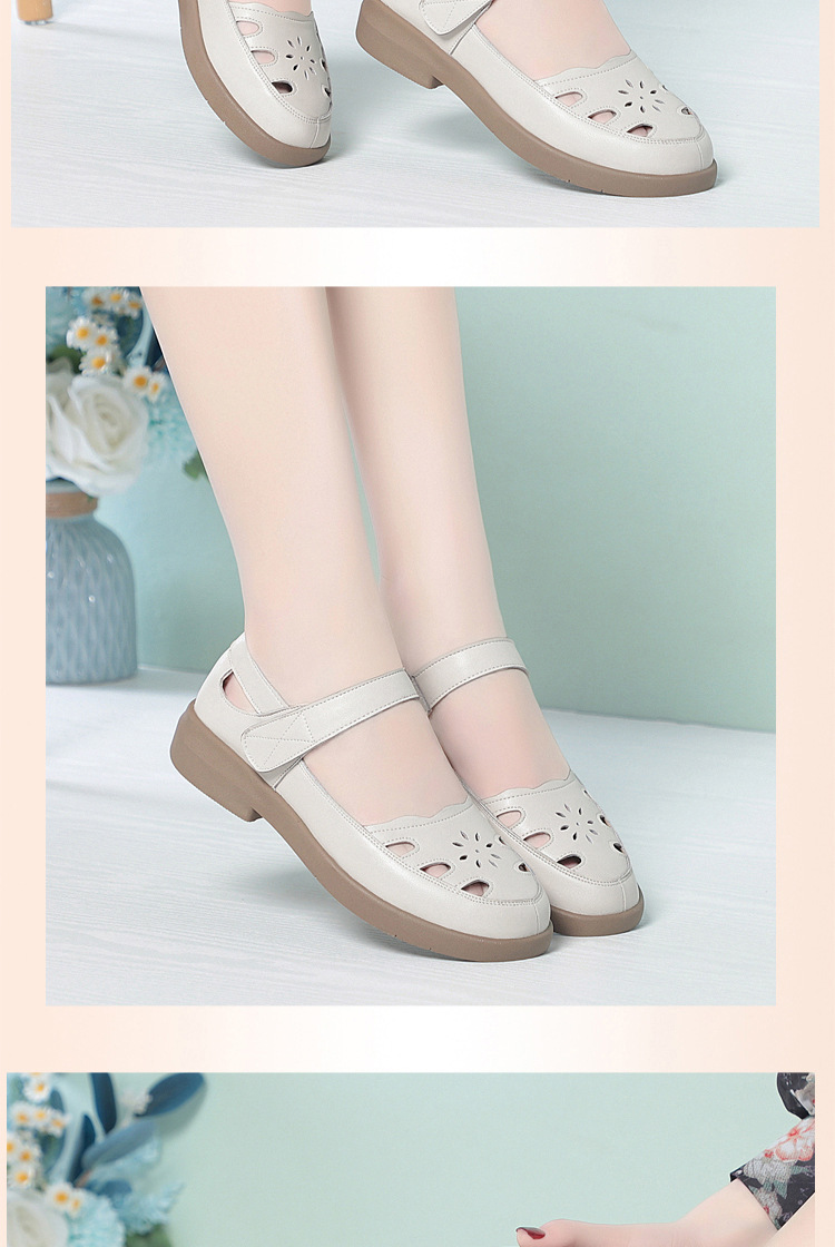 Sandal da thật lỗ thoáng khí đế mềm cho nữ trung niên, đế cao su bền bỉ — màu be chi tiết 10