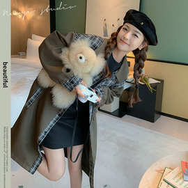 实拍2024格子拼接风衣外套女春款韩版宽松今年流行英伦小个子大衣