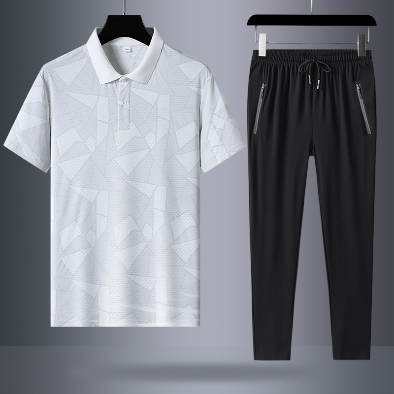 Traje deportivo para hombres de verano de mediana edad casuales de hielo de manga corta polo camiseta pantalones largos grandes secado rápido dos piezas