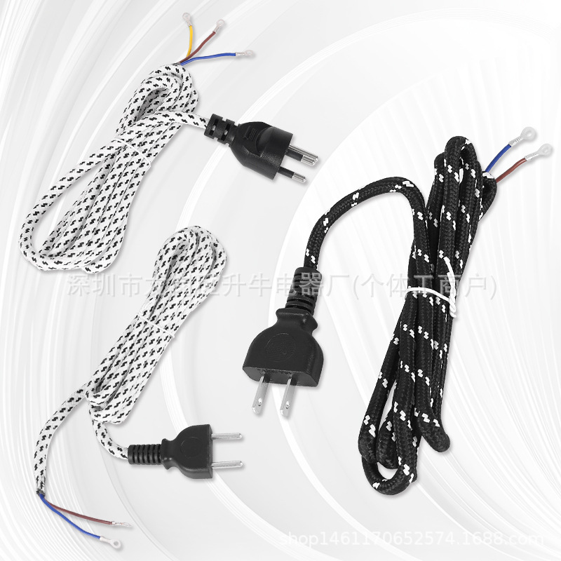 Comercio exterior tailandés tres enchufes un cable de extremo desnudo cable de alimentación trenzado tela flor tailandesa tres enchufes cable de alimentación de hierro