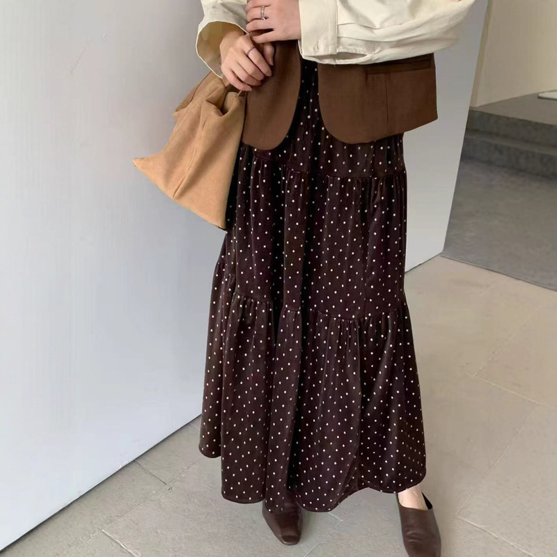 波点丝绒拼接半身裙女秋季2025秋冬新款高腰显瘦大摆蛋糕裙长裙|undefined
