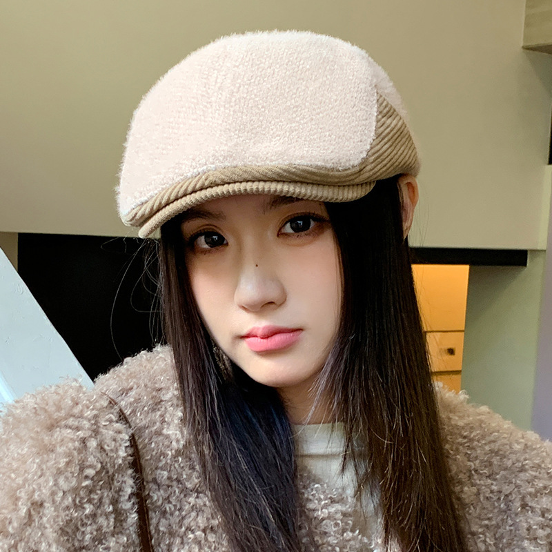 美式反戴英伦复古前进帽秋冬拼接加绒加厚鸭舌帽显脸小保暖报童帽|undefined