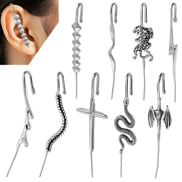 Cross-border Stainless Steel Cast Serpentine Ear Hanging Tiger Ear Clip Punk Ear Needle Simple Slash Piercing Ear Piercing Earrings