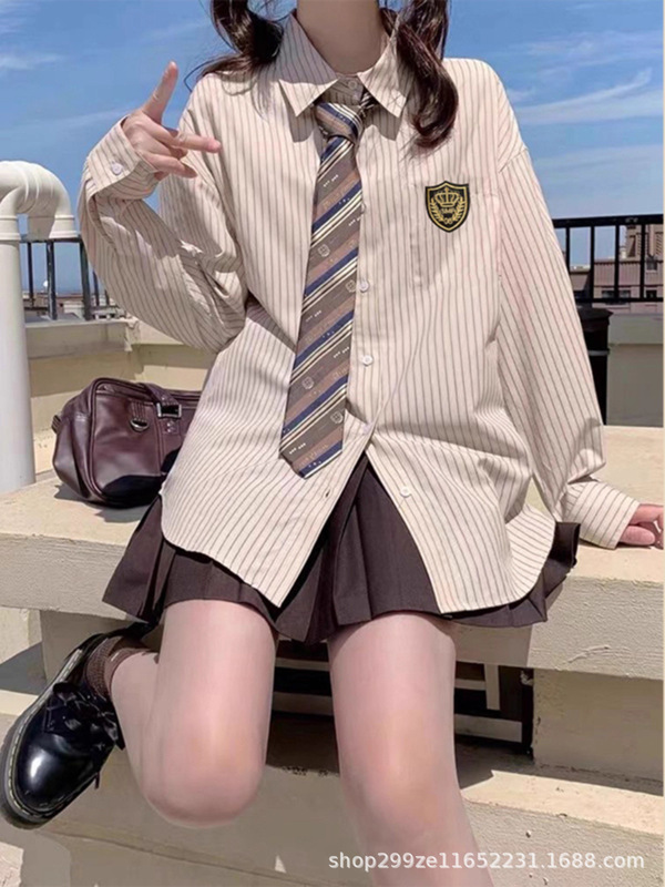 学院风jk制服套装条纹衬衫女春秋2025新款长袖衬衣设计感小众上衣|undefined