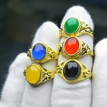 镀24K仿玉石黄金指环简约时尚宝石戒指开口可调节厂家首饰批