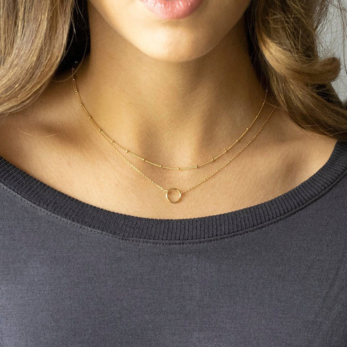 European and American cross-border wholesale jewelry simple ring double-layer necklace copper bead chain clavicle chain gold circle pendant necklace