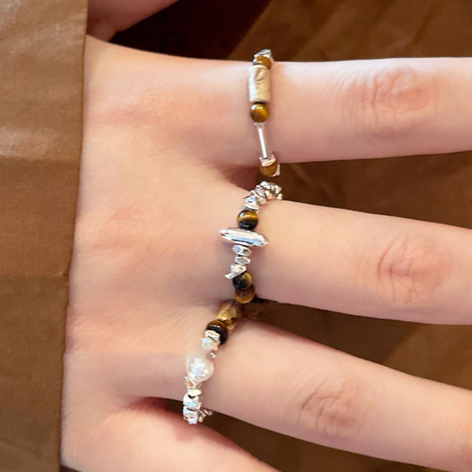 Tiger Eye Fragment Silver Stone Beaded Ethnic Style Elegant Index Finger Niche Design Sense Ring_voghion.com