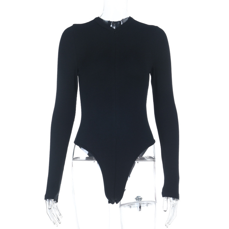 YJ25261 Body ajustado de manga larga con cremallera y cuello en V profundo, color liso, acanalado, que favorece la figura, para mujer. image 6
