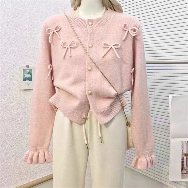 2025秋季新款韩系设计感蝴蝶结喇叭袖毛衣外套女宽松甜美针织开衫|undefined