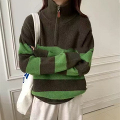 欧美套头毛衣女2025秋冬日系拉链半开领跨境撞色慵懒风条纹针织衫
