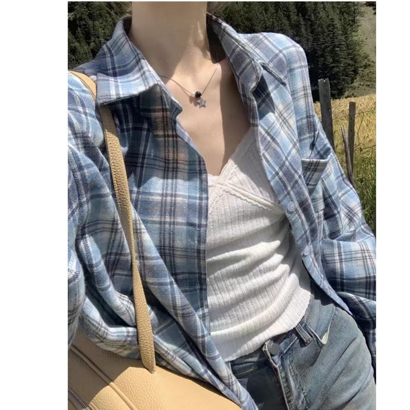 春季格子衬衫女韩版慵懒时尚宽松显瘦百搭开衫休闲外套女装粉色|undefined