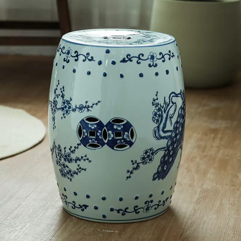 新中式青花瓷古典陶瓷鼓墩 陶瓷鼓凳绣墩外贸瓷凳子欧美式换鞋凳