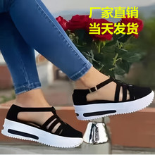 跨境外贸亚马逊速卖通2022新款欧美休闲女鞋坡跟圆头镂空单鞋现货