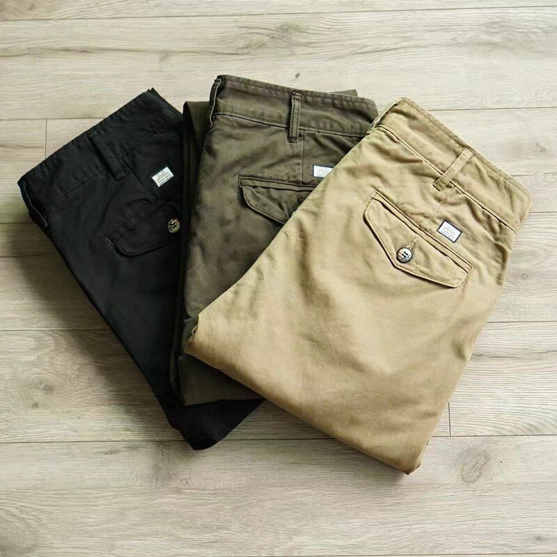 Ami Khaki Heavyweight Thick Retro Casual Pants American Pure Cotton Twill Sand Washed Slim Chino Overalls Pants