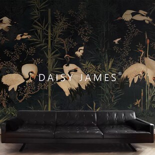 Retro light luxury Chinese style crane classical black classic Wall cloth bedroom restaurant antique screen seamless mural