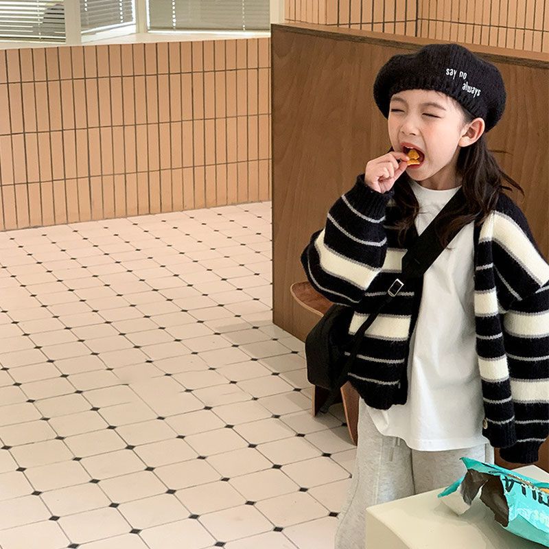 韩国童装女童针织衫外套秋季新款洋气时髦儿童撞色开衫毛衣女宝宝