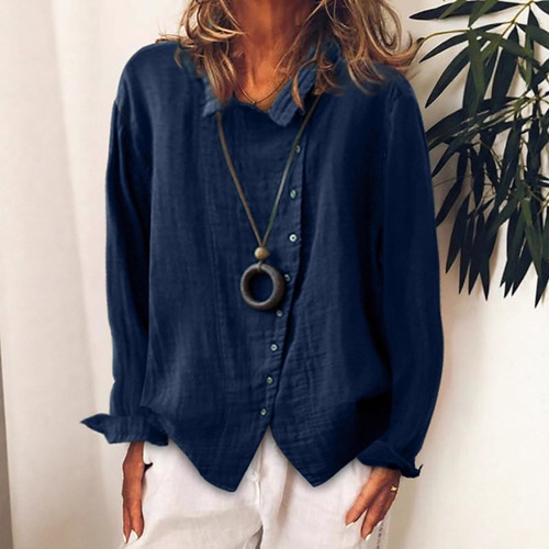 Women's large size breathable loose pure color temperament linen shirt T-shirt long-sleeved business casual