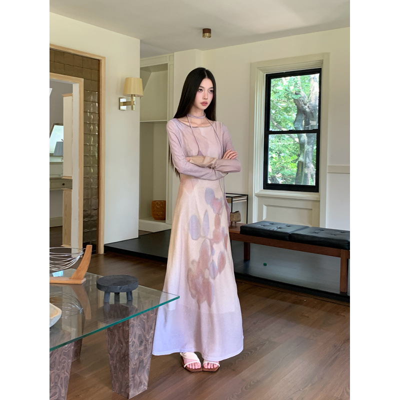 现货网纱印花连衣裙女春夏温柔气质显瘦长裙|undefined