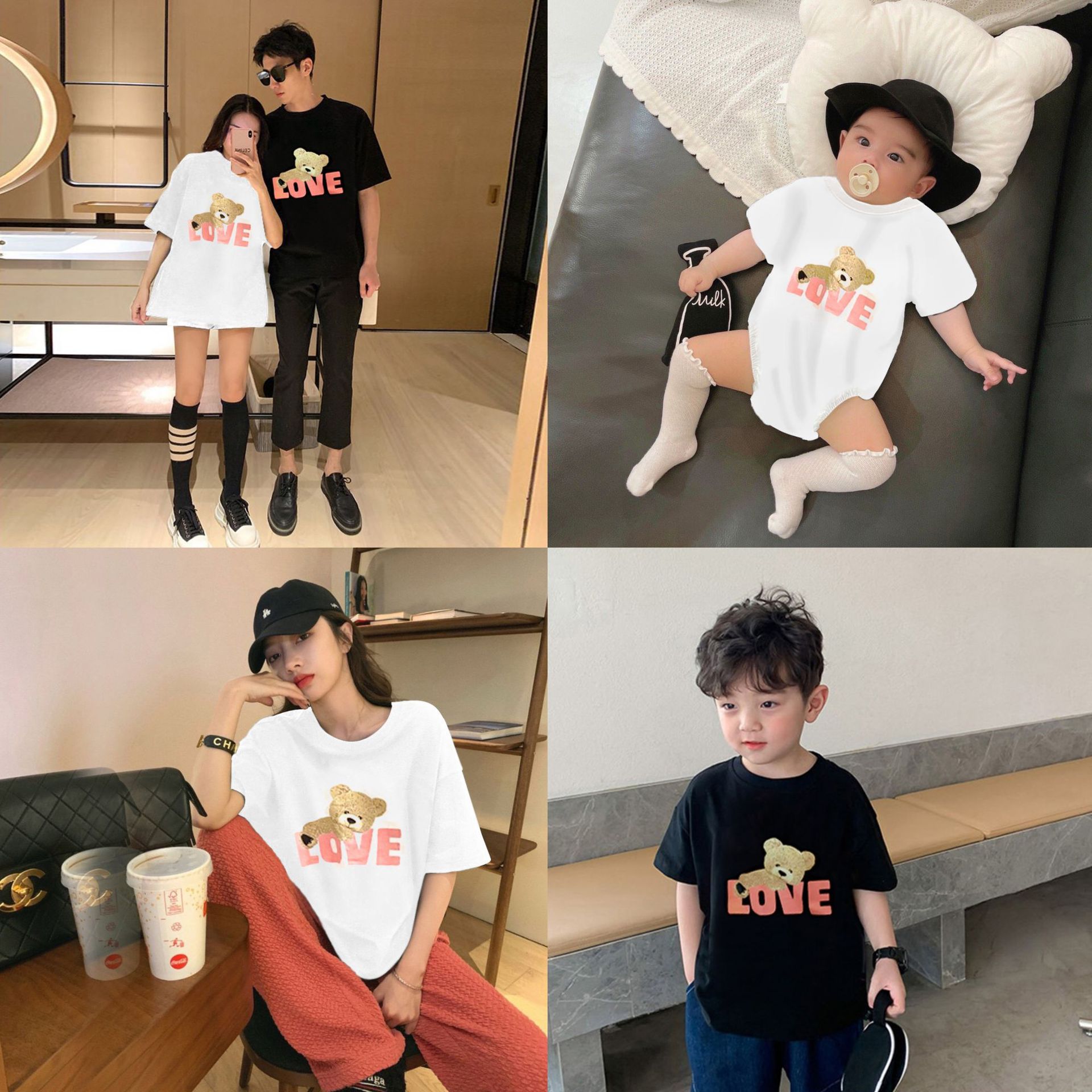 Celebridad en línea Fried calle 2023 Verano padre-niño ropa de gama alta madre-hijo madre-hija bebé familia tres o cuatro oso manga corta Camiseta
