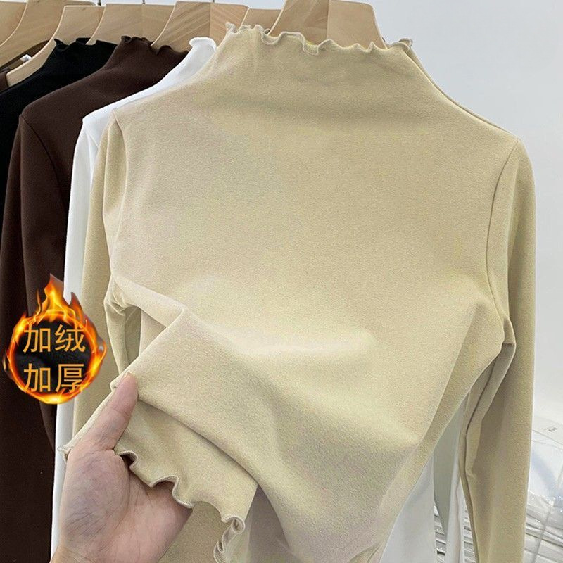 2024 가을과 겨울 새로운 양면 벨벳 나무 귀 긴 소매 바닥 여성 기모 따뜻한 세미 하이 칼라 탑 T