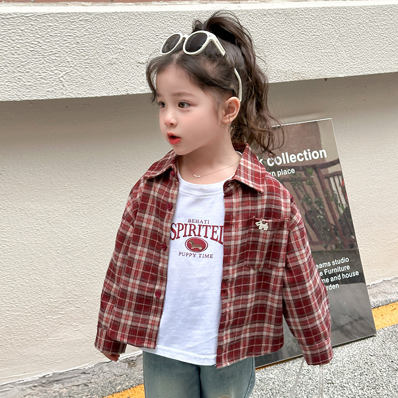 Camisas de niñas primavera y otoño 2025 nuevas camisas de niños chaqueta a cuadros chaqueta de primavera de bebés de niñas chaqueta de moda
