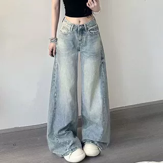 磨破设计复古大码牛仔长裤女秋季新款蓝色高腰宽松直筒拖地阔腿裤
