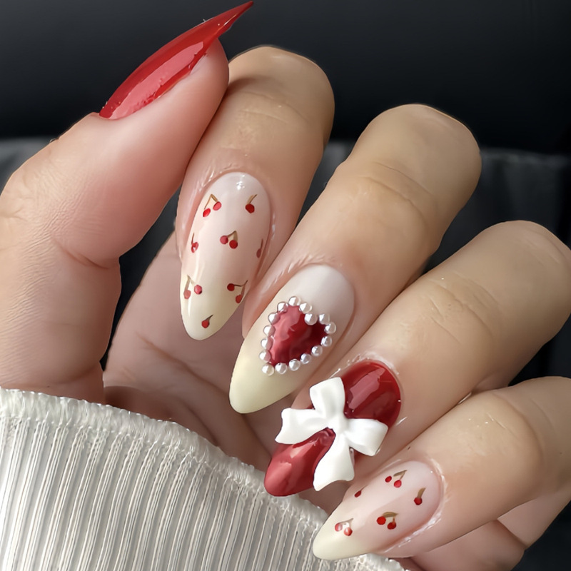 Cross-Border Best-Selling Valentine's Day Style Red Heart Cherry 3D White Bow Pearl Design Wearable Nail Tips Cross-Border Best-Selling Valentine's Day Style Red Heart Cherry 3D White Bow Pearl Design Wearable Nail Tips