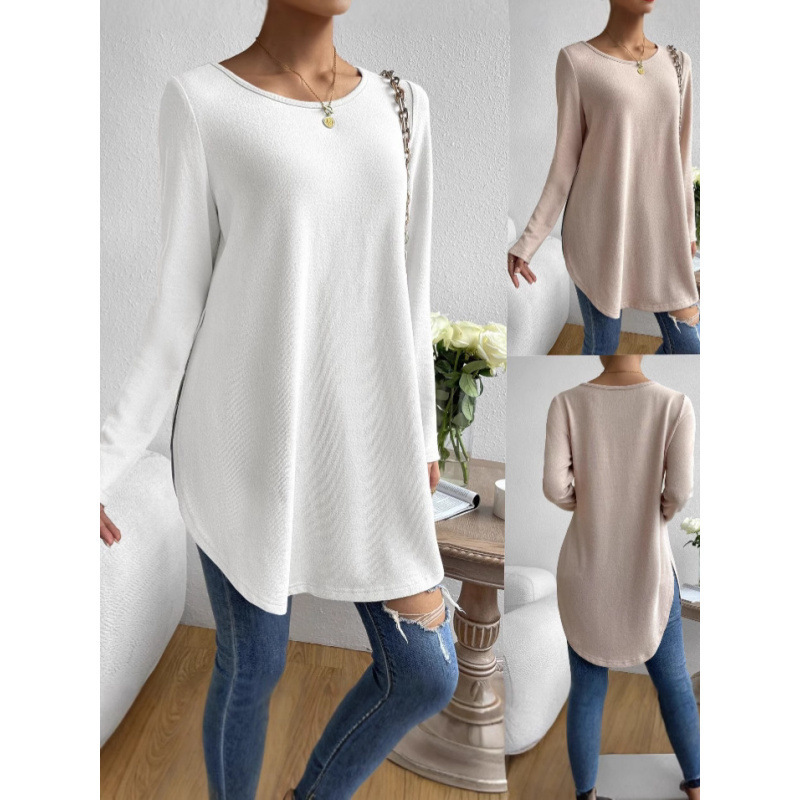 2025 Cross-Border European and American Foreign Trade Best-Selling Women's Autumn/Winter Casual T-Shirt with Side Slits, Solid Color, Round Neck, Long Sleeves